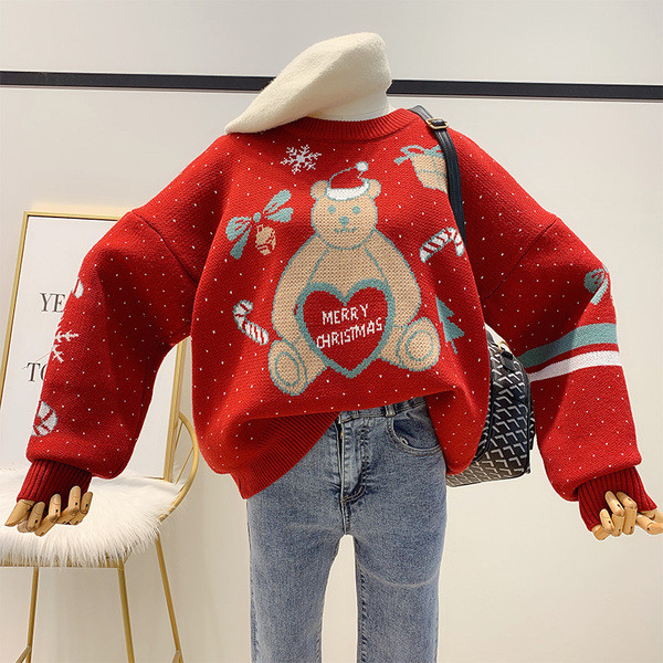 Piros karácsonyi motívumú, modern női pulóver