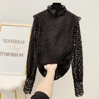 Női csipkeblúz magas gallérral, fehér, fekete és bézs színben