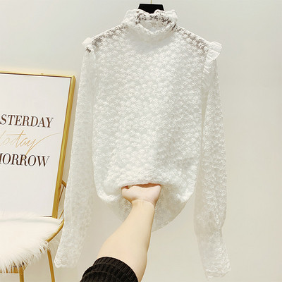 Női csipkeblúz magas gallérral, fehér, fekete és bézs színben