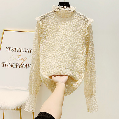 Női csipkeblúz magas gallérral, fehér, fekete és bézs színben