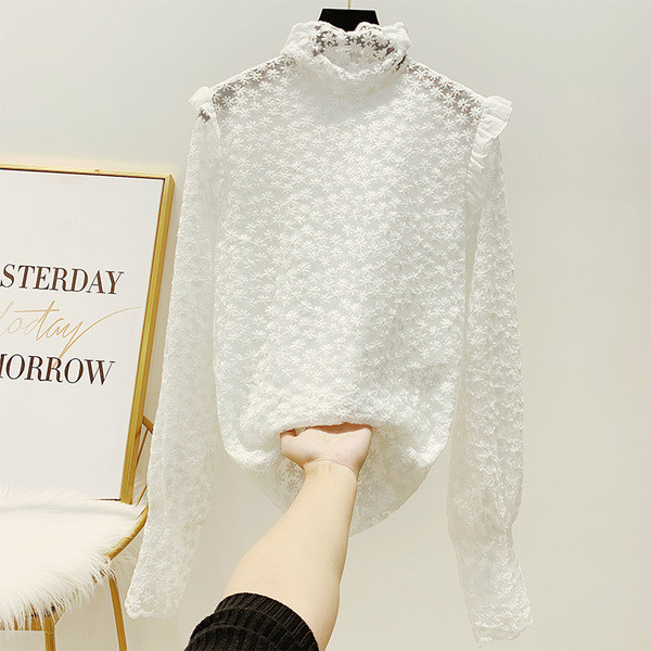 Női csipkeblúz magas gallérral, fehér, fekete és bézs színben