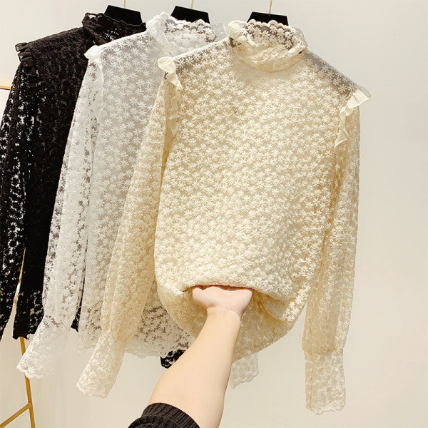 Női csipkeblúz magas gallérral, fehér, fekete és bézs színben