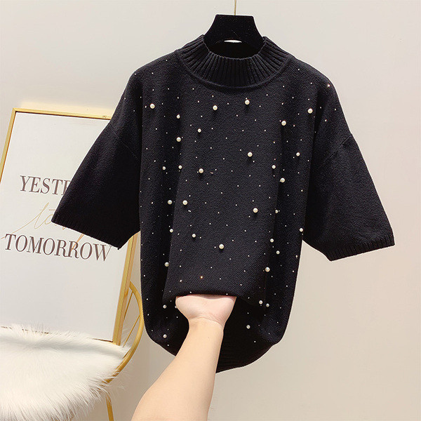 Πουλόβερ με κοντό μανίκι και πέρλες σε λευκό, μαύρο και κόκκινο χρώμα