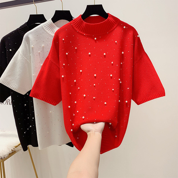 Πουλόβερ με κοντό μανίκι και πέρλες σε λευκό, μαύρο και κόκκινο χρώμα