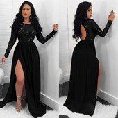 Modern női hosszú ruha hasítékkal, hosszú ujjú fekete színben