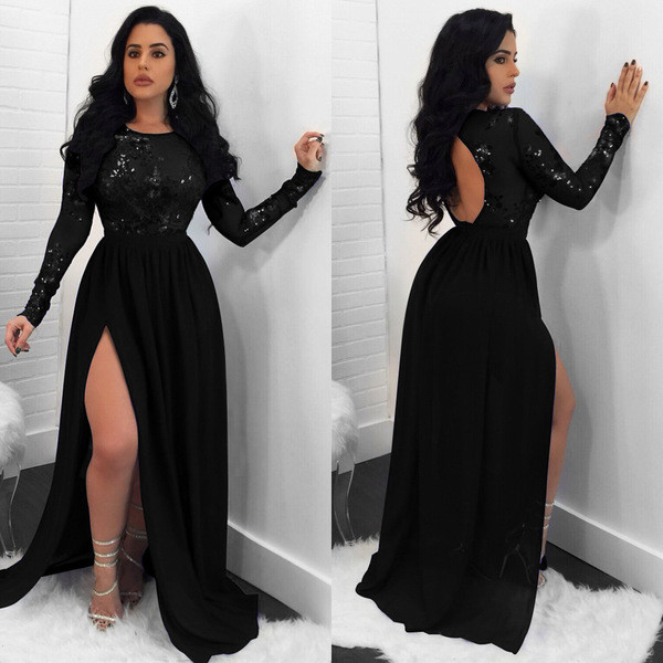 Modern női hosszú ruha hasítékkal, hosszú ujjú fekete színben