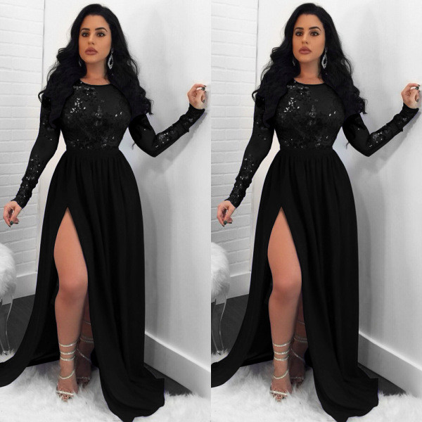 Modern női hosszú ruha hasítékkal, hosszú ujjú fekete színben