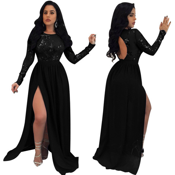 Modern női hosszú ruha hasítékkal, hosszú ujjú fekete színben