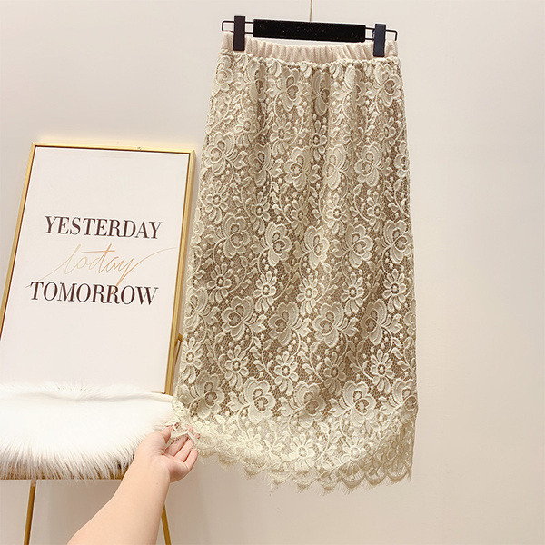 Μακρύ φούστα δαντέλας με ψηλή μέση σε μπεζ και μαύρο χρώμα