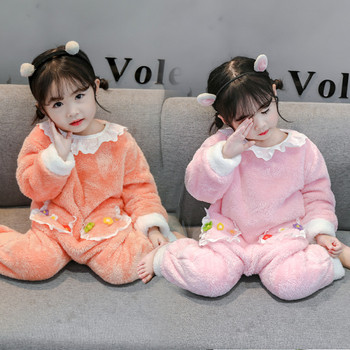 Детска пижама за момичета в розов и оранжев цвят с джобове 
