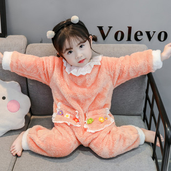 Детска пижама за момичета в розов и оранжев цвят с джобове 