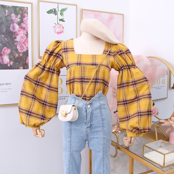 Καρό γυναικεία μπλούζα με τετράγωνη λαιμόκοψη και φαρδιά μανίκια - διάφορα χρώματα