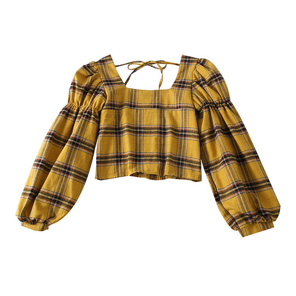 Καρό γυναικεία μπλούζα με τετράγωνη λαιμόκοψη και φαρδιά μανίκια - διάφορα χρώματα