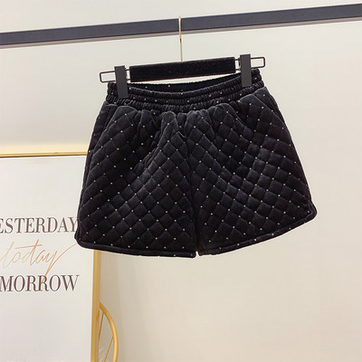 Σύντομο βελούδινο χειμερινό παντελόνι με ελαστική ζώνη και πούλιες σε μαύρο χρώμα