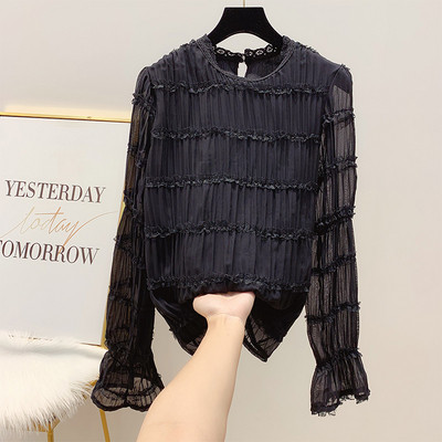 Redős női ing ovális nyakkivágással fehér, rózsaszín és fekete színben