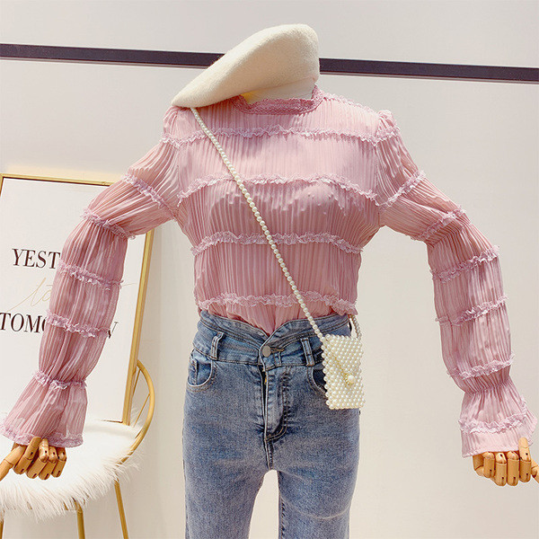 Redős női ing ovális nyakkivágással fehér, rózsaszín és fekete színben