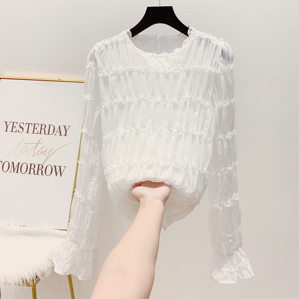 Redős női ing ovális nyakkivágással fehér, rózsaszín és fekete színben