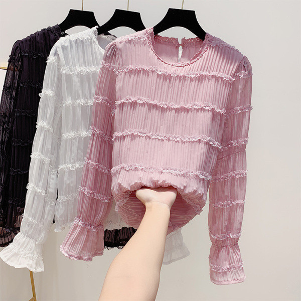 Redős női ing ovális nyakkivágással fehér, rózsaszín és fekete színben