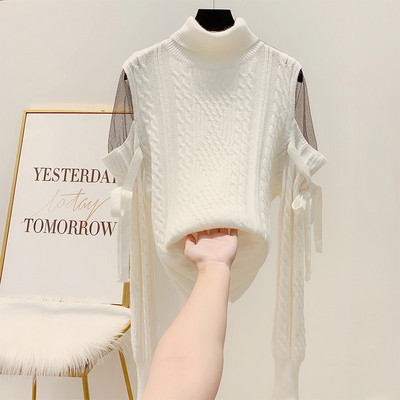 Női pulóver magas gallérral és hálóval a vállán fehér, bézs, zöld és fekete színben