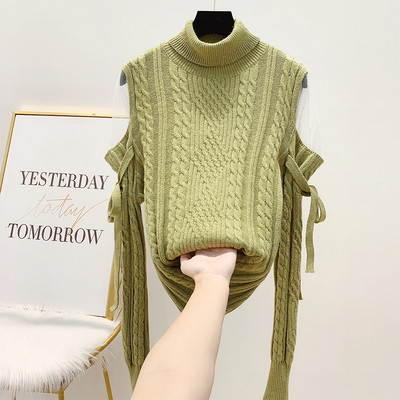 Női pulóver magas gallérral és hálóval a vállán fehér, bézs, zöld és fekete színben