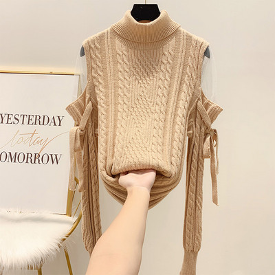 Női pulóver magas gallérral és hálóval a vállán fehér, bézs, zöld és fekete színben