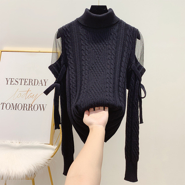 Női pulóver magas gallérral és hálóval a vállán fehér, bézs, zöld és fekete színben