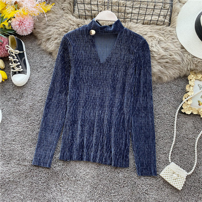 Stílusos női blúz hosszú ujjal és magas gallérral több színben