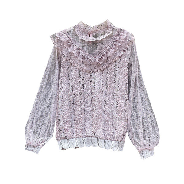 Μοντέρνο γυναικείο πουκάμισο από δαντέλα με μανίκια από τούλι σε μπλε και ροζ χρώμα