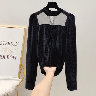 Μοντέρνα γυναικέια μπλούζα βελούδο με κολάρο σε ροζ και μαύρο χρώμα