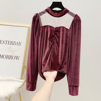 Μοντέρνα γυναικέια μπλούζα βελούδο με κολάρο σε ροζ και μαύρο χρώμα