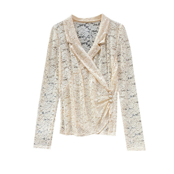 Női csipke ing spitz nyakkivágással és gombokkal fehér, bézs és fekete színben