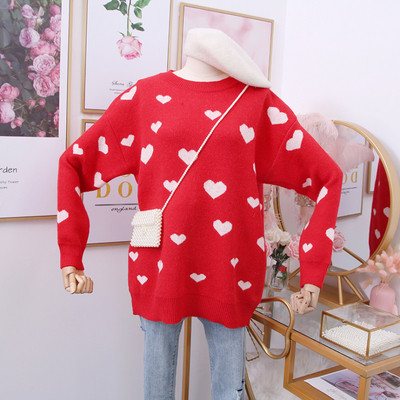 Modern női pulóver kerek nyakkivágással, hosszú ujjú szívecskékkel, kék és piros színben
