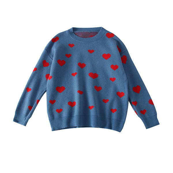 Modern női pulóver kerek nyakkivágással, hosszú ujjú szívecskékkel, kék és piros színben
