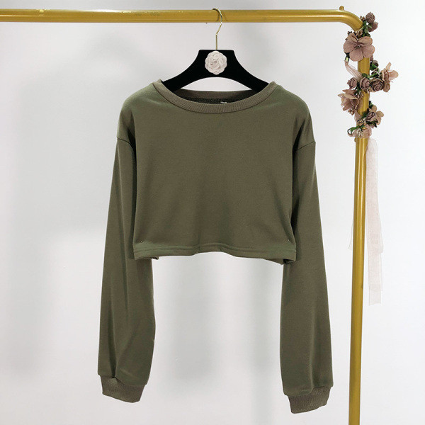 Κοντύ casual μπλούζα με ωοειδές ντεκολτέ και μακρύ μανίκι σε πράσινο χρώμα