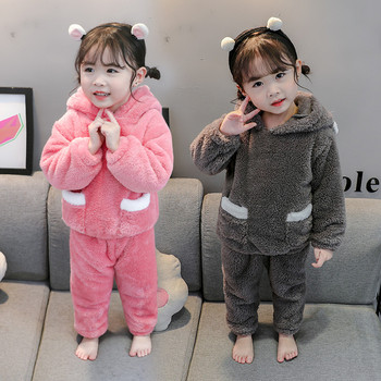 Παιδική πιτζάμα για κορίτσια σε ροζ και γκρι χρώμα με τσέπες και κουκούλα