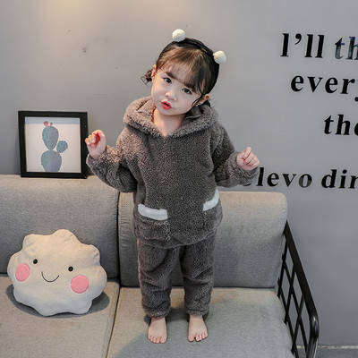 Παιδική πιτζάμα για κορίτσια σε ροζ και γκρι χρώμα με τσέπες και κουκούλα