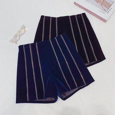 Къси дамски зимни панталони от кадифе с висока талия в черен и син цвят
