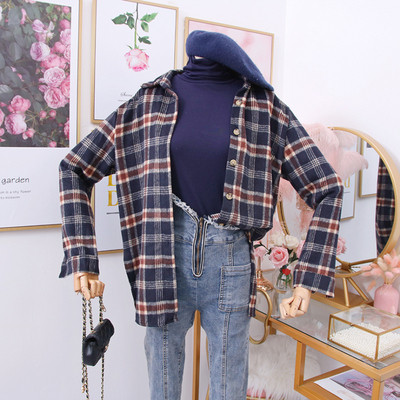 Μοντέρνο καρό πουκάμισο γυναικών με ψηλό γιακά σε μπεζ, μπλε και κόκκινο χρώμα