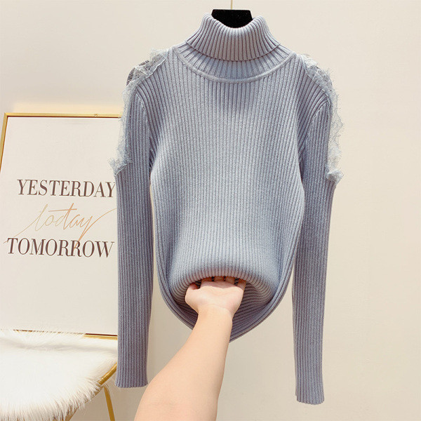 Μοντέρνο γυναικείο πουλόβερ με υψηλό κολάρο και δαντέλα σε τέσσερα χρώματα