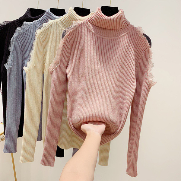 Μοντέρνο γυναικείο πουλόβερ με υψηλό κολάρο και δαντέλα σε τέσσερα χρώματα
