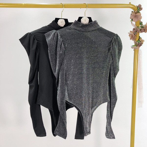 Body de dama modern cu guler polo, argintiu si negru