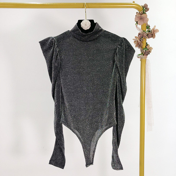 Body de dama modern cu guler polo, argintiu si negru