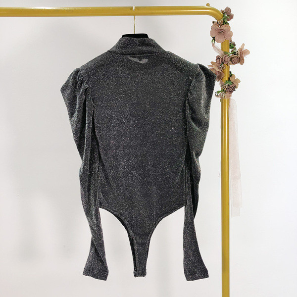 Body de dama modern cu guler polo, argintiu si negru