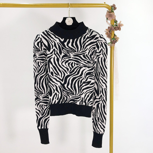 Χοντρό χειροποίητο πουλόβερ με ψηλό κολάρο και ζέβρα πριντ