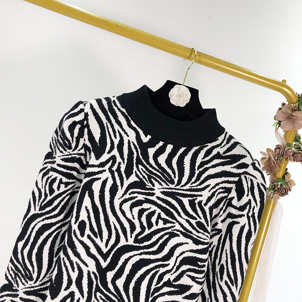 Χοντρό χειροποίητο πουλόβερ με ψηλό κολάρο και ζέβρα πριντ