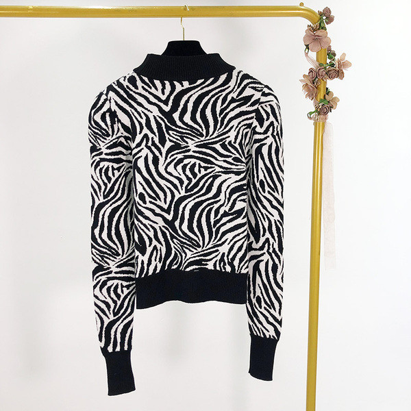 Χοντρό χειροποίητο πουλόβερ με ψηλό κολάρο και ζέβρα πριντ