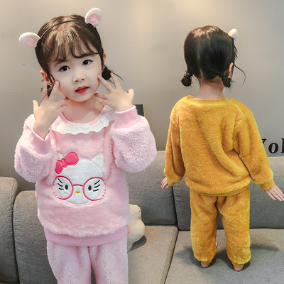 Детска пижама за момичета от две части в розов и жълт цвят с бродерия 