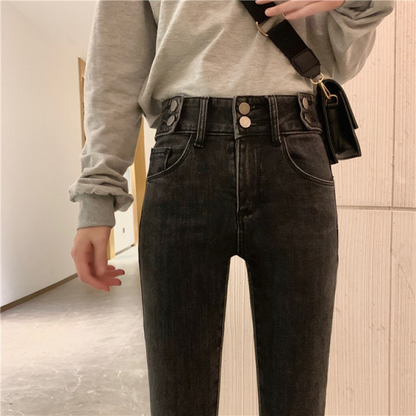 Γυναικεία κομψά σλιμ τζιν με ψηλή μέση σε μαύρο χρώμα 