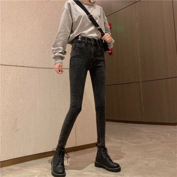 Γυναικεία κομψά σλιμ τζιν με ψηλή μέση σε μαύρο χρώμα 