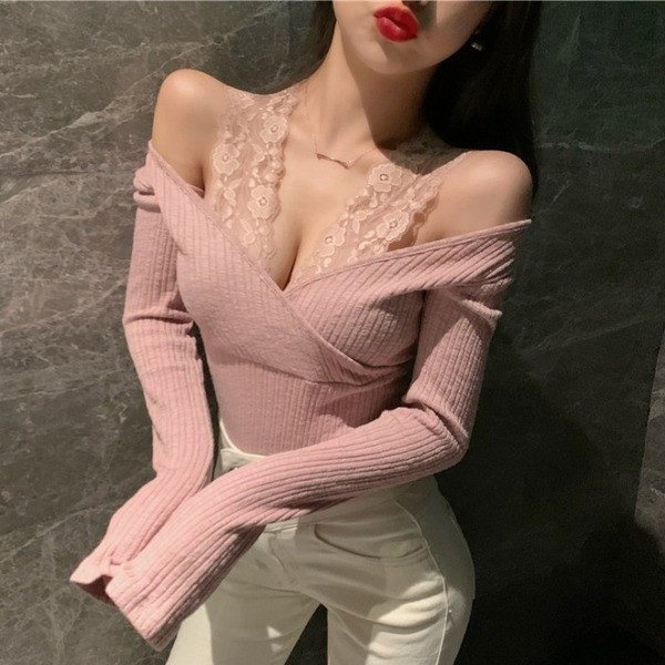 Γυναικεία μπλούζα με μακρύ μανίκι με ιμάντες ώμου δαντέλας